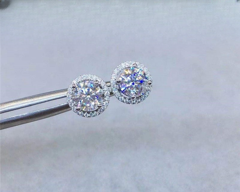 Moissanite Round Halo Stud Earrings, 18K Gold, D Color Sparkle