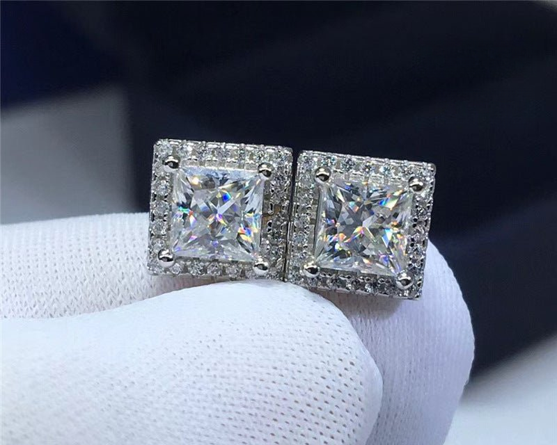 Princess Cut Moissanite Stud Earrings, Square 18k Gold Finish Earrings for Women, Geometric Sparkle Studs