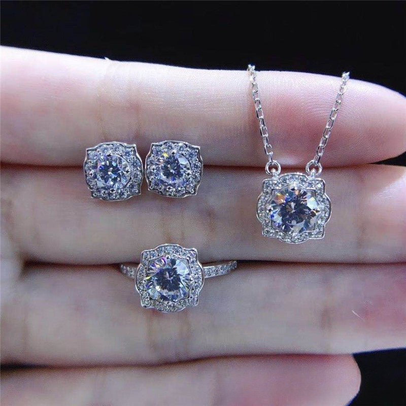 18K Gold Moissanite Floral Jewelry Set Ring Necklace Pendant Stud Earrings