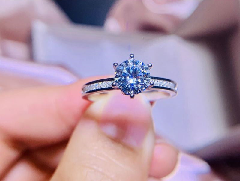 1 Carat Moissanite Ring for Women, Round Solitaire Engagement Ring with Pavé Band, Promise Wedding Ring, Size 9-18