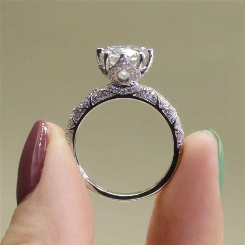 18K Gold Moissanite Ring, Four-Prong Solitaire with Pavé Band